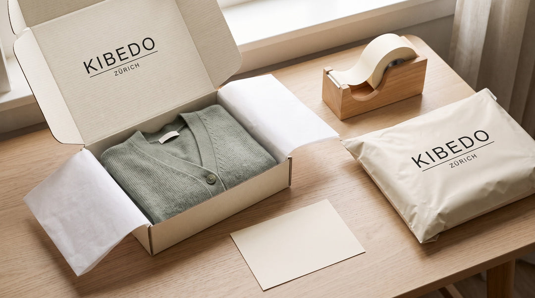 Kibedo Zürich Verpackung: Strickjacke in Seidenpapier im Versandkarton