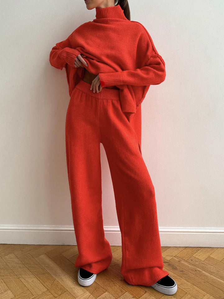 Strickset Rollkragen Pullover und weite Hose – Rot
