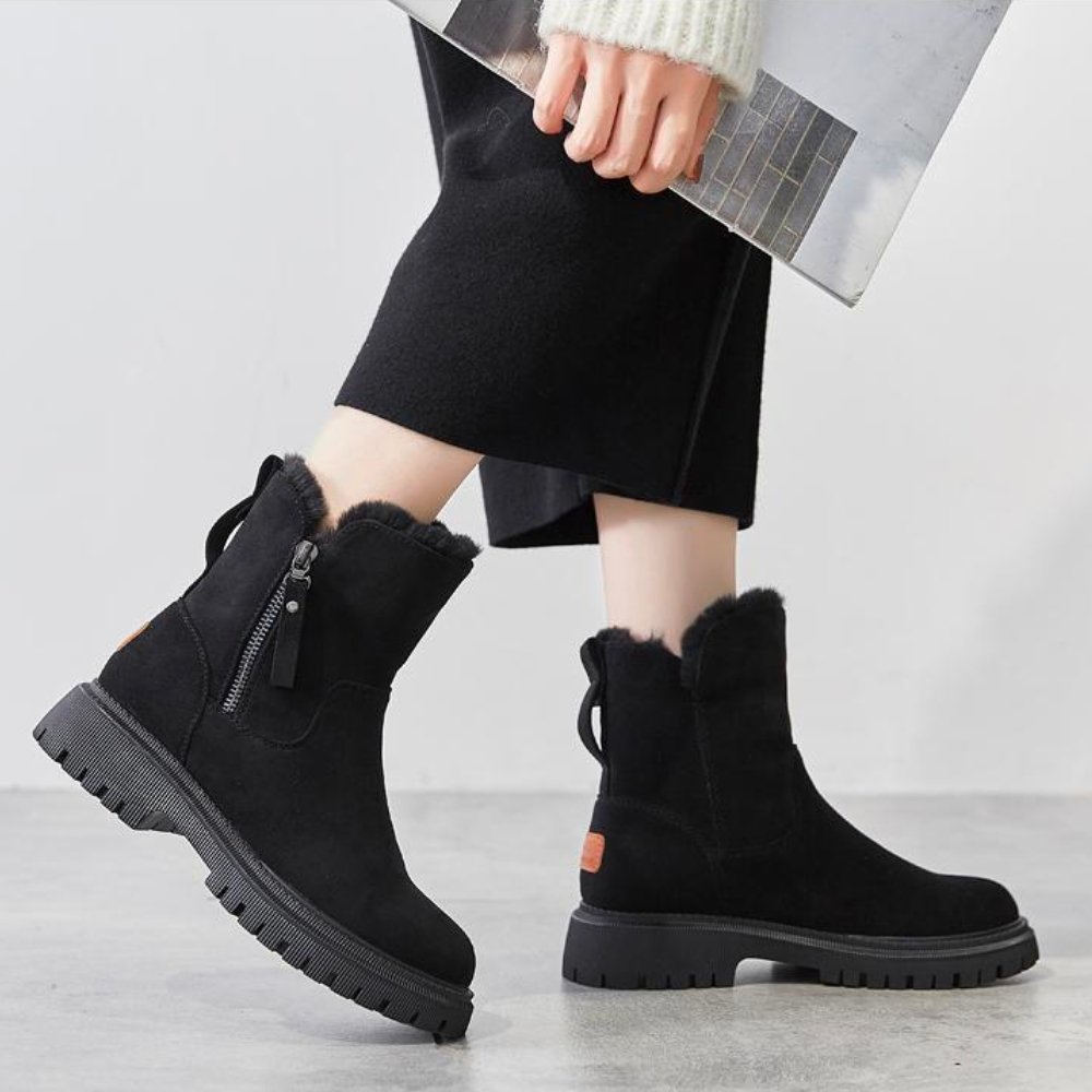 Boots in Veloursleder-Optik mit Fellimitat-Futter