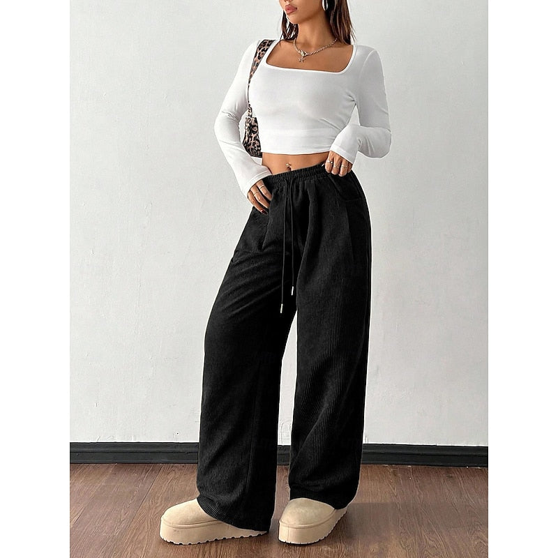 Cordhose Weites Bein mit Kordelzug – Schwarz