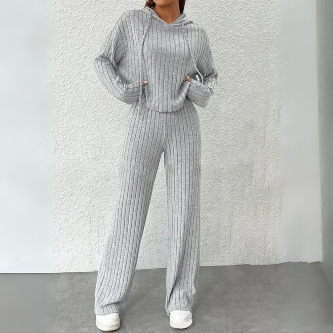 Ribstrick Hoodie-Jogger Set für Damen – Grau