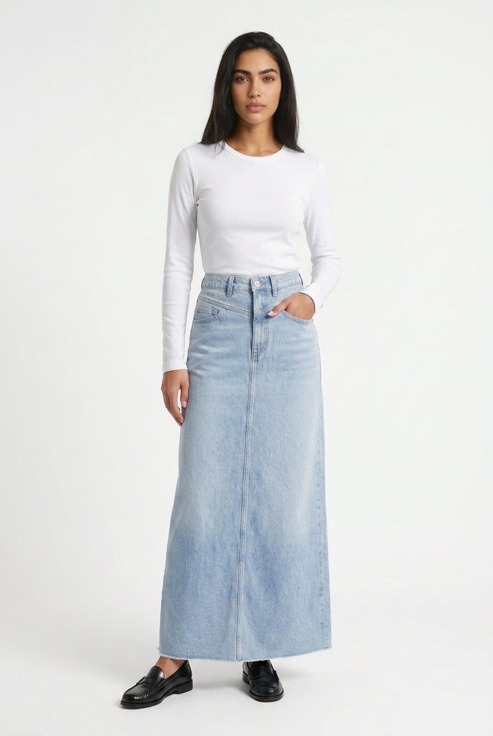 Jeans-Maxirock High Waist A-Linie fürs Büro – Blau