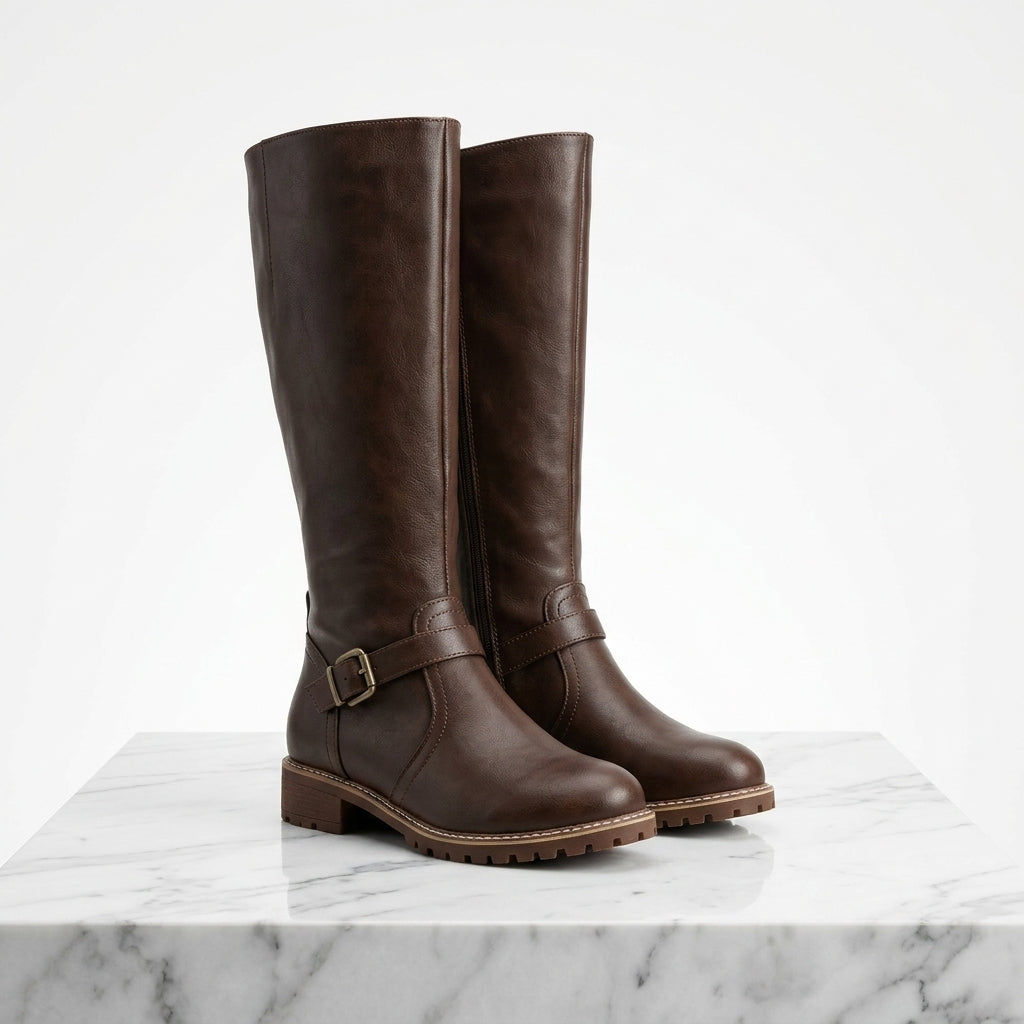 Kniehohe Stiefel mit Schnalle und Blockabsatz – Braun