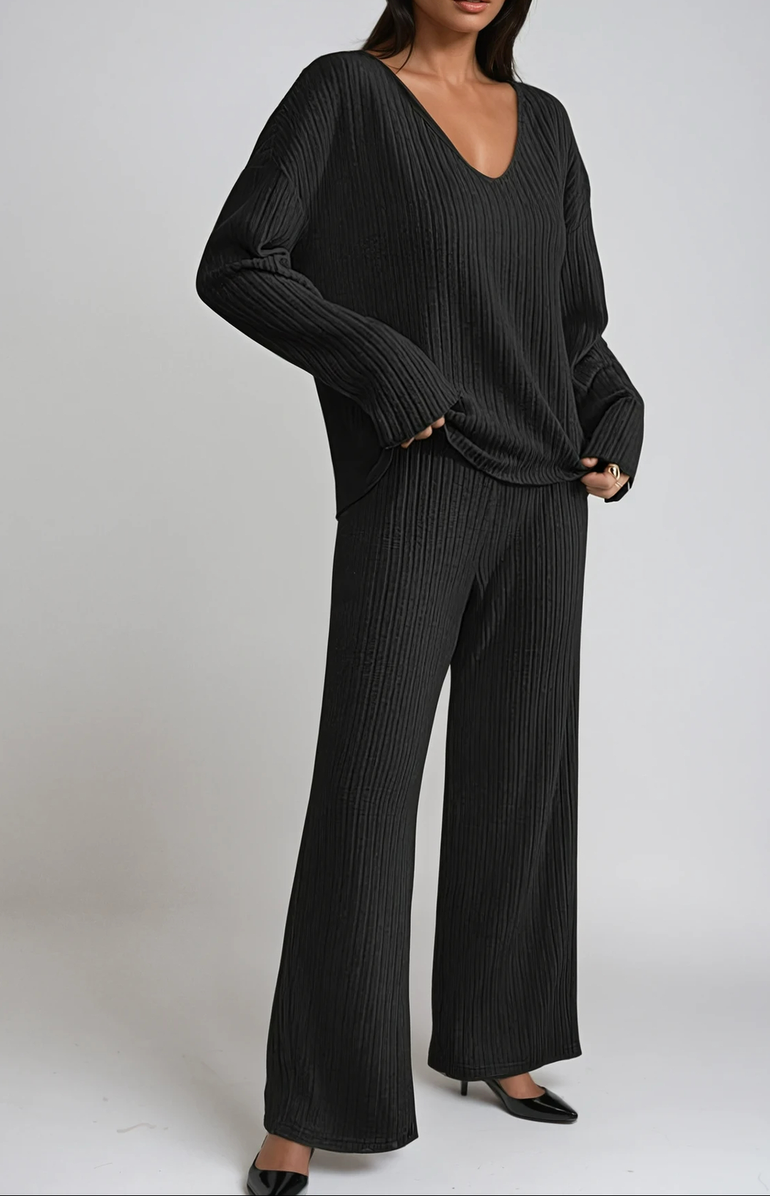 Rippstrick-Loungewear-Set mit V-Ausschnitt fürs Büro