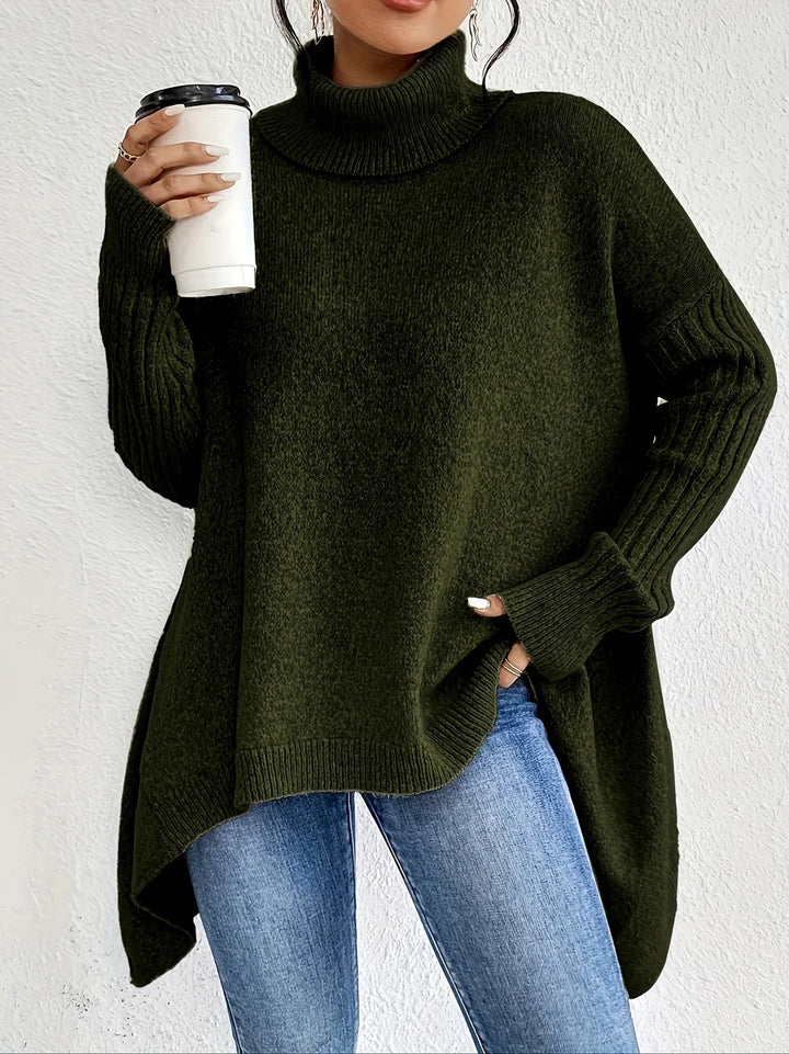 Oversized Rollkragen-Pullover Asymmetrischer Saum – Dunkelgrün