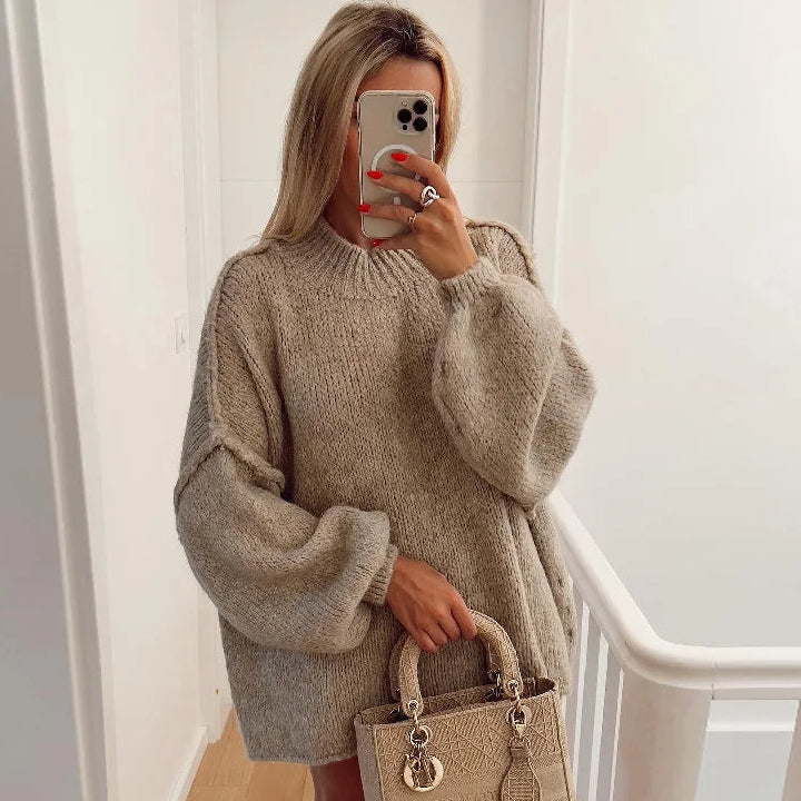Oversized Strickpullover mit Bishop-Ärmeln – Beige
