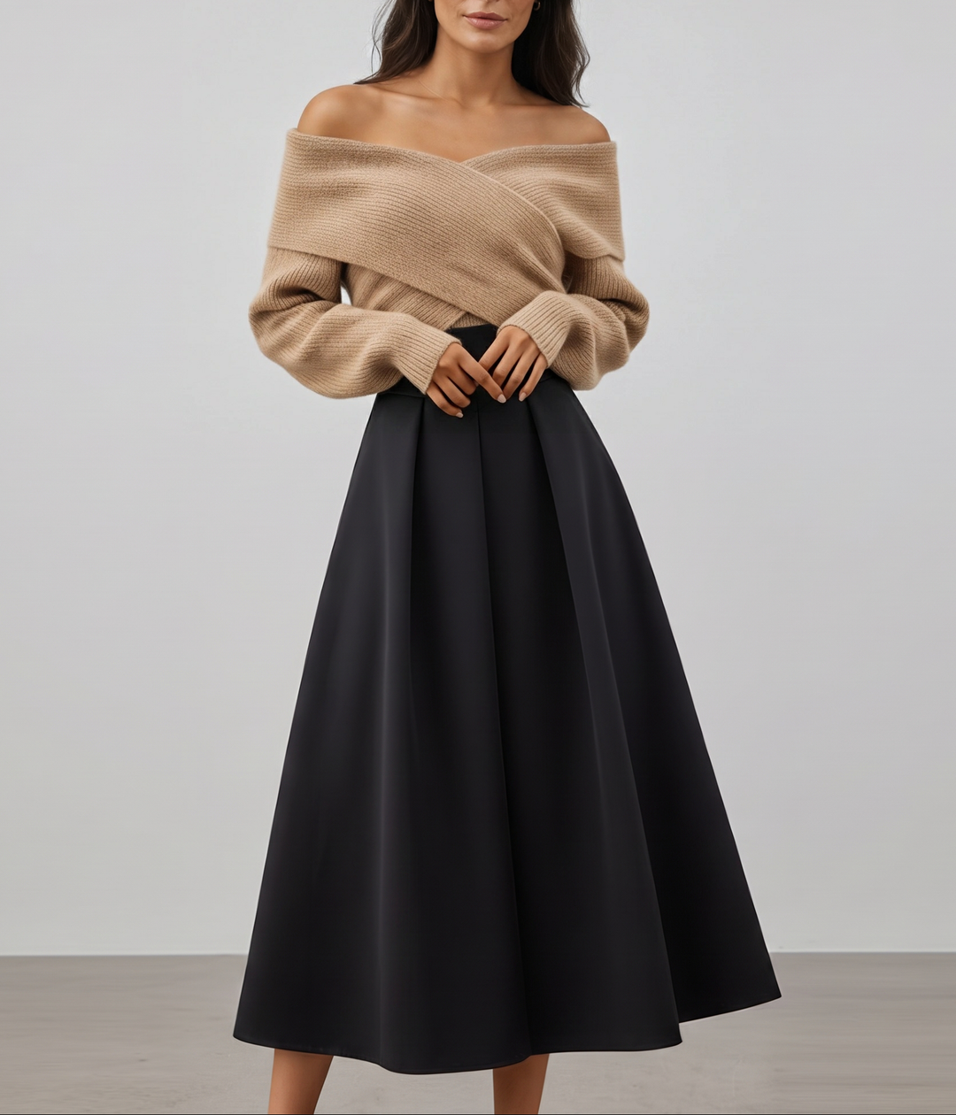Off-Shoulder Pullover & Plisseerock Set fürs Büro