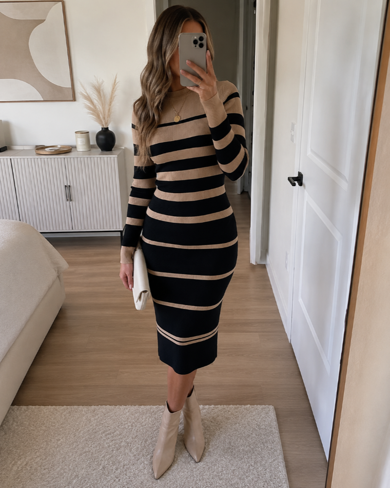 Gestreiftes Strickkleid Midi fürs Büro
