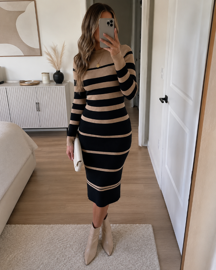 Gestreiftes Strickkleid Midi fürs Büro