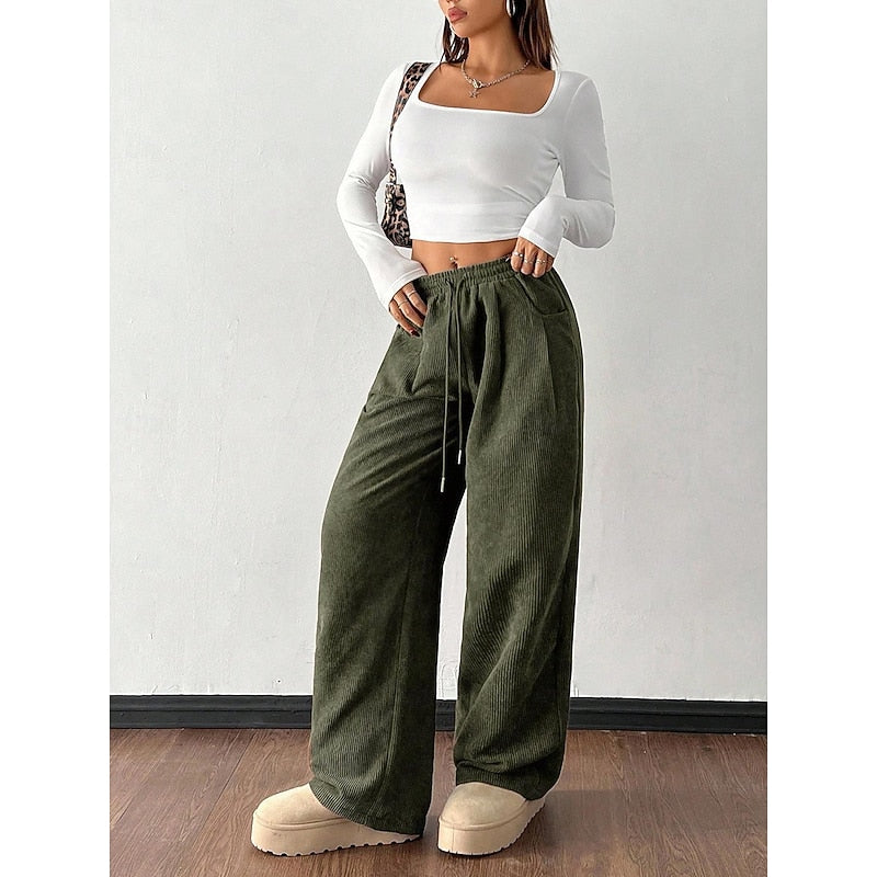 Cordhose Weites Bein mit Kordelzug – Grün
