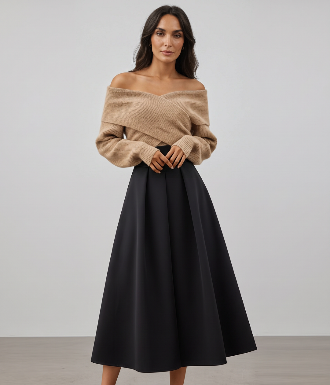 Off-Shoulder Pullover & Plisseerock Set fürs Büro