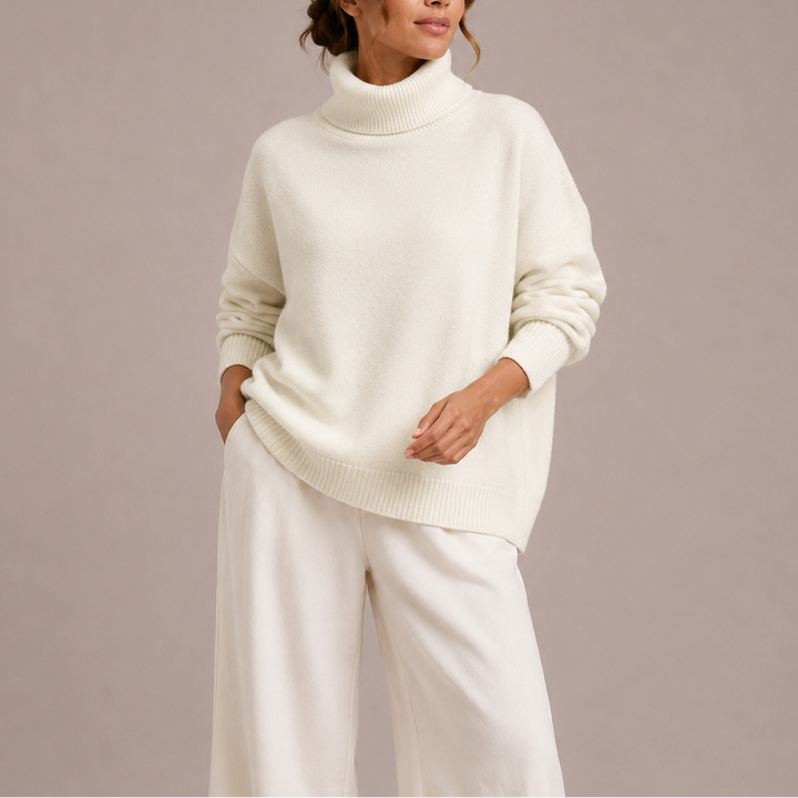 Oversized Rollkragenpullover Damen Grobstrick – Weiss