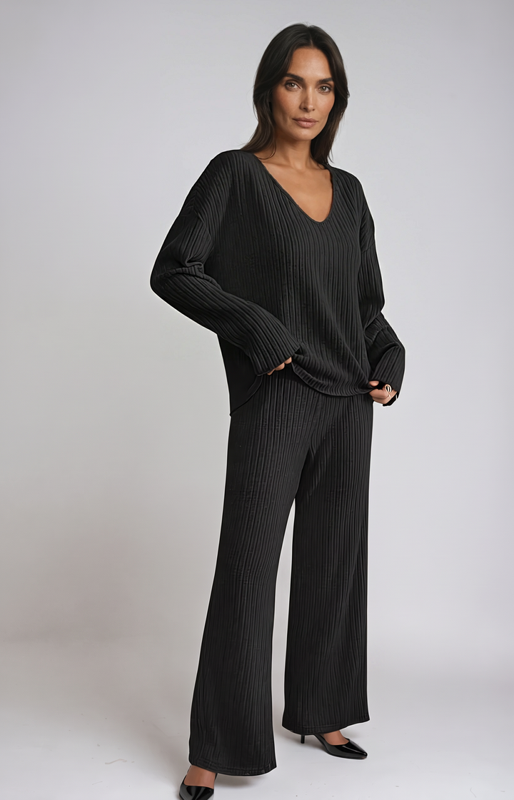Rippstrick-Loungewear-Set mit V-Ausschnitt fürs Büro