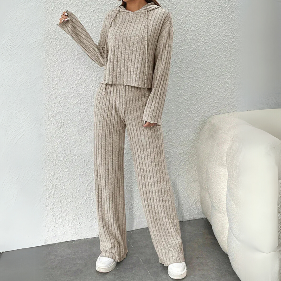 Ribstrick Hoodie-Jogger Set für Damen – Beige