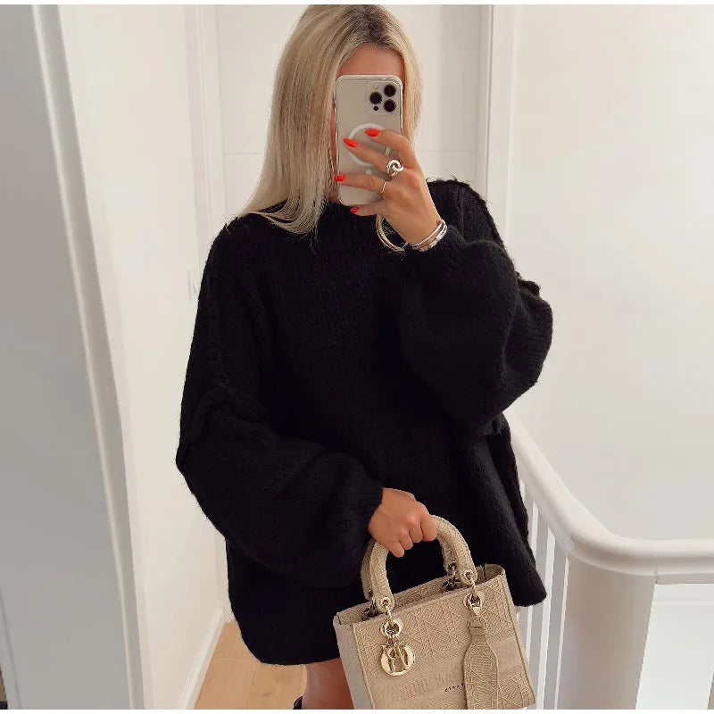 Oversized Strickpullover mit Bishop-Ärmeln – Schwarz