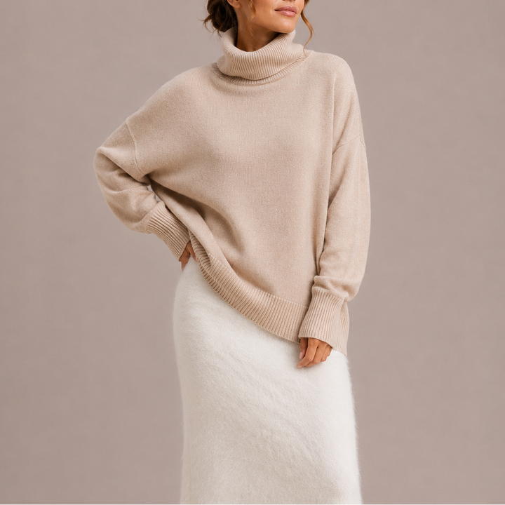 Oversized Rollkragenpullover Damen Grobstrick – Beige