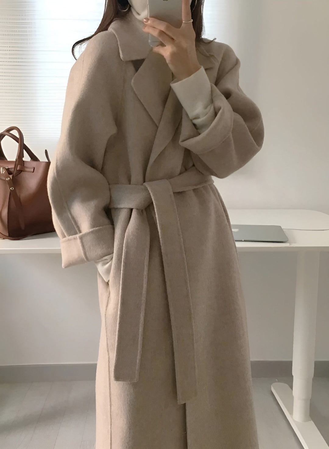 Gegürteter Mantel aus Wollmischung, Longline – Camel