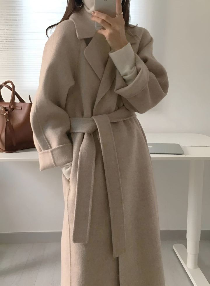 Gegürteter Mantel aus Wollmischung, Longline – Camel