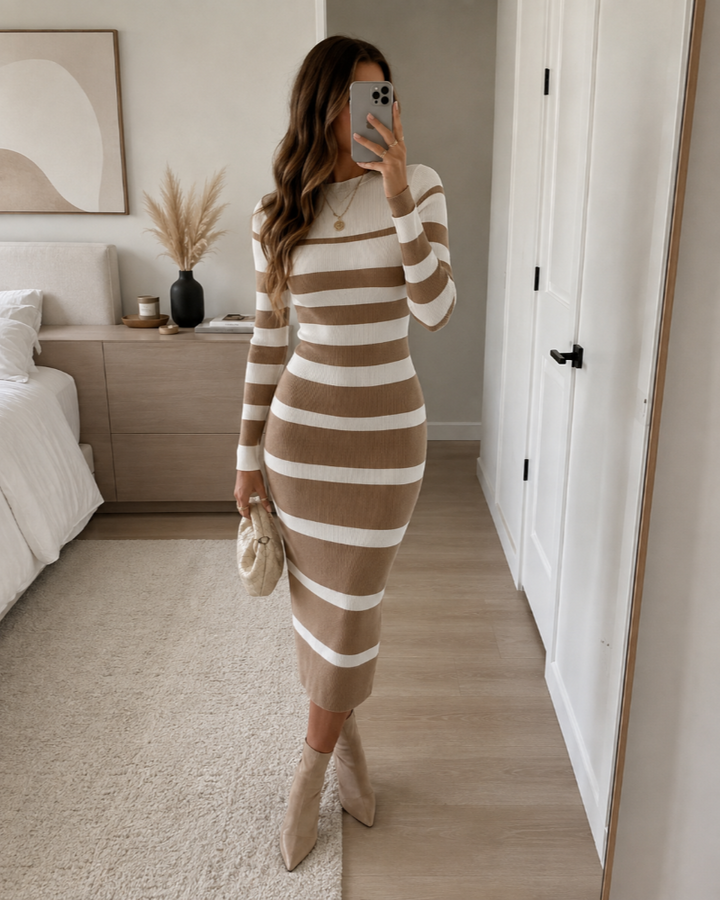 Gestreiftes Strickkleid Midi fürs Büro – Beige