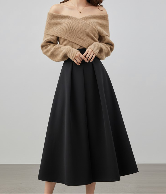 Off-Shoulder Pullover & Plisseerock Set fürs Büro