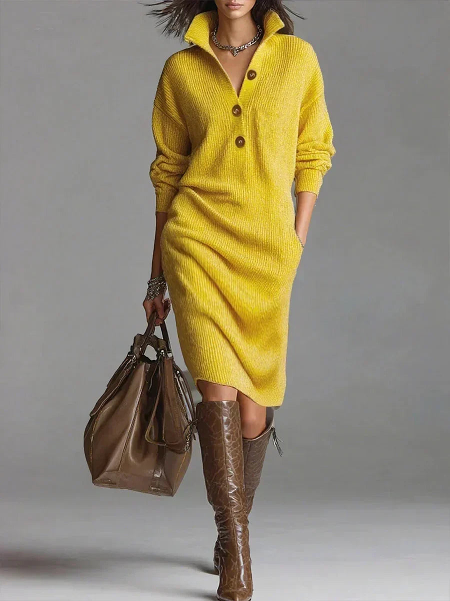Rippstrick Midi-Kleid mit Kragen fürs Büro – Gelb