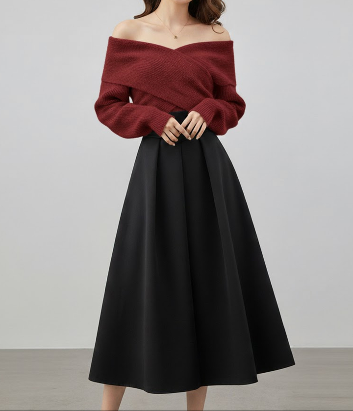 Off-Shoulder Pullover & Plisseerock Set fürs Büro