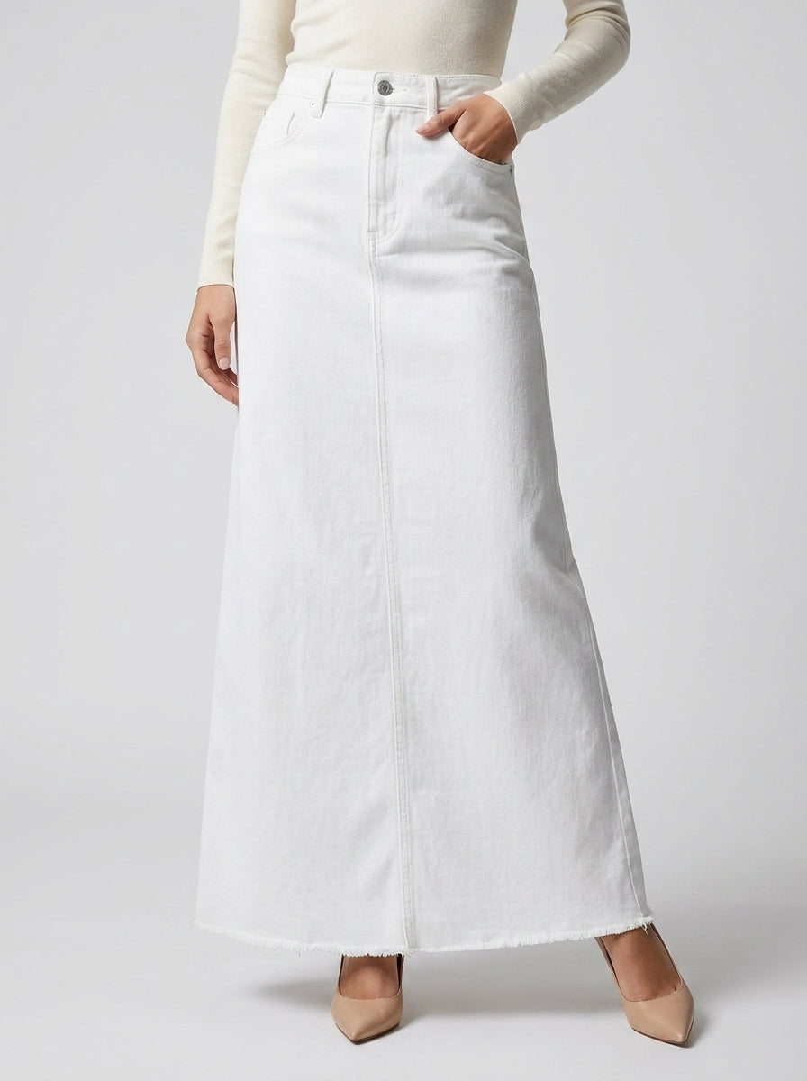 Jeans-Maxirock High Waist A-Linie fürs Büro – Weiss