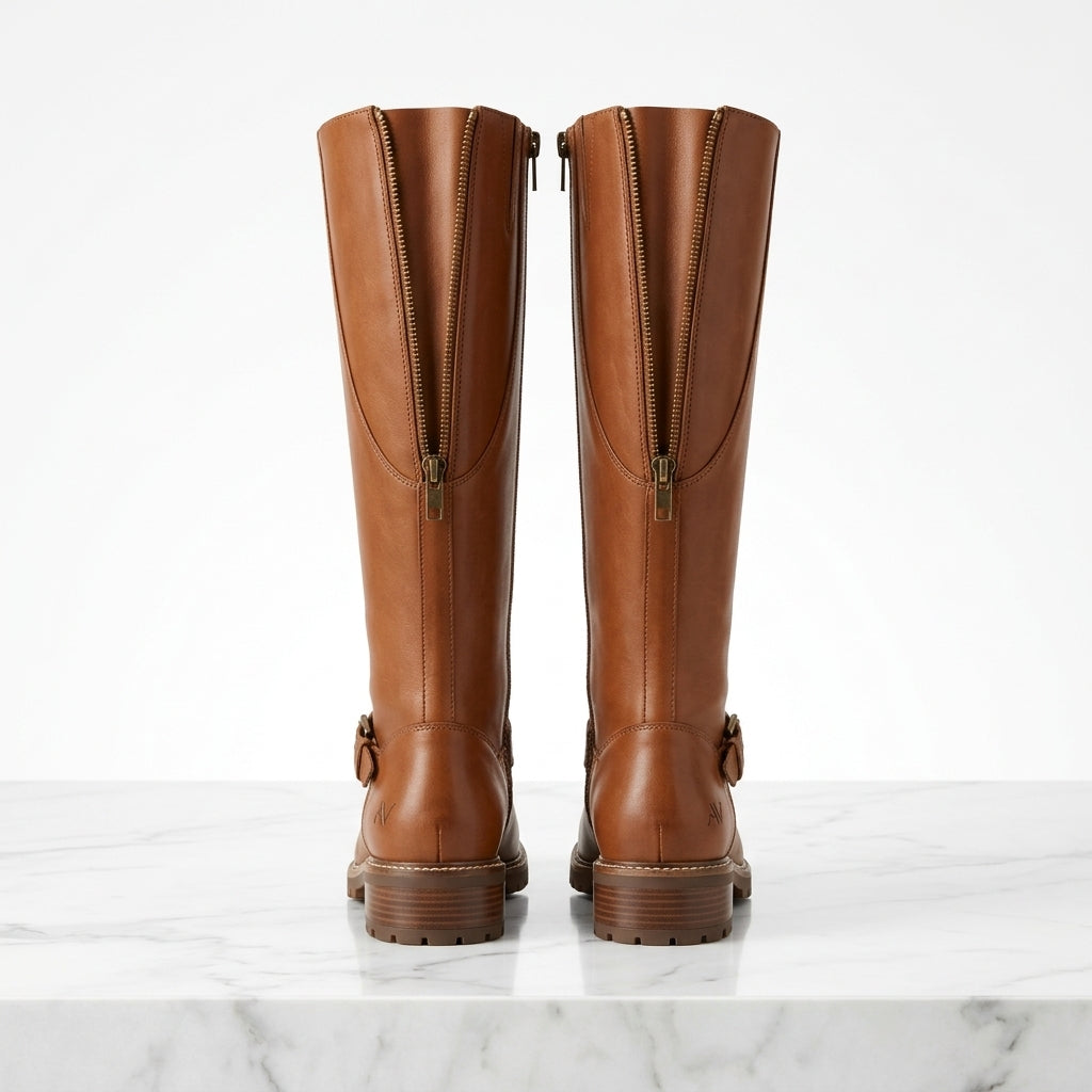 Kniehohe Stiefel mit Schnalle und Blockabsatz
