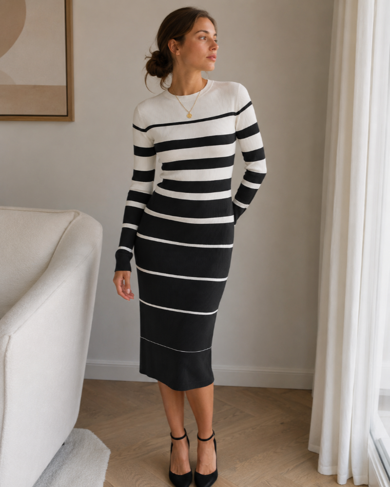 Gestreiftes Strickkleid Midi fürs Büro – Weiss