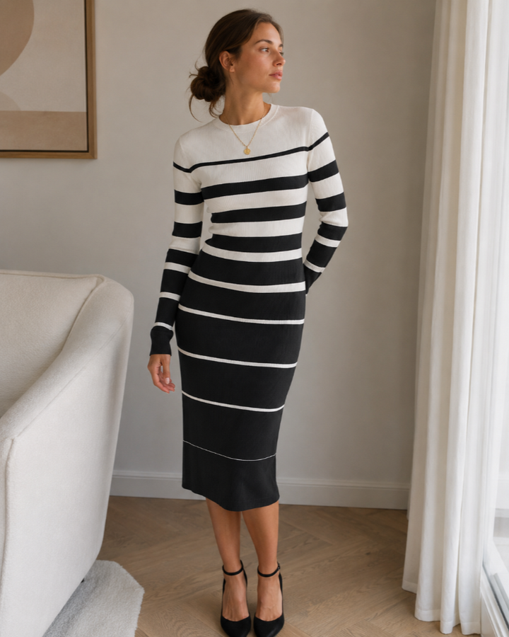 Gestreiftes Strickkleid Midi fürs Büro – Weiss
