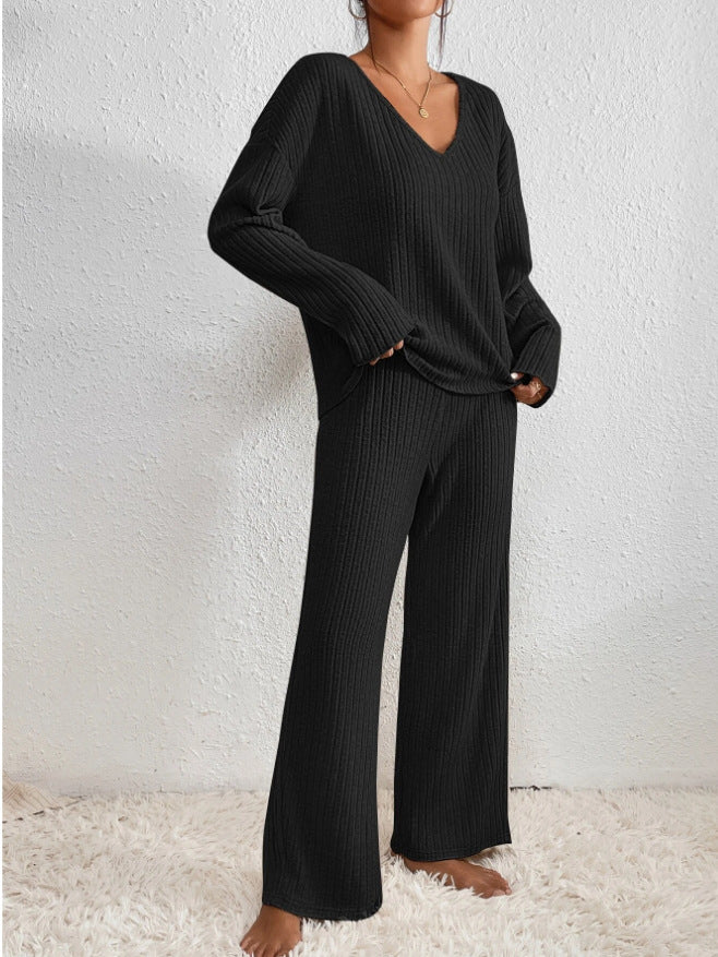 Rippstrick-Loungewear-Set mit V-Ausschnitt fürs Büro – Schwarz