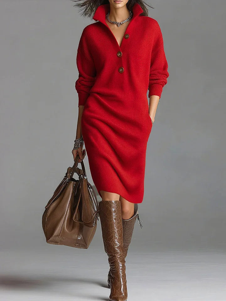 Rippstrick Midi-Kleid mit Kragen fürs Büro – Rot