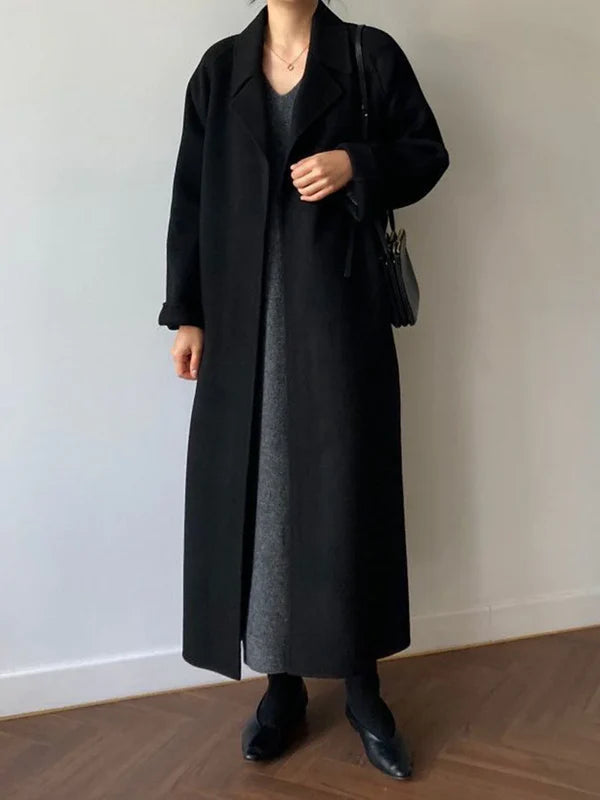 Gegürteter Mantel aus Wollmischung, Longline – Schwarz
