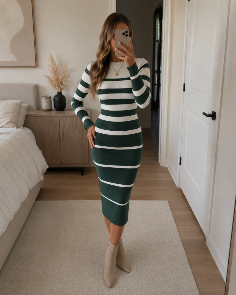 Gestreiftes Strickkleid Midi fürs Büro – Grün
