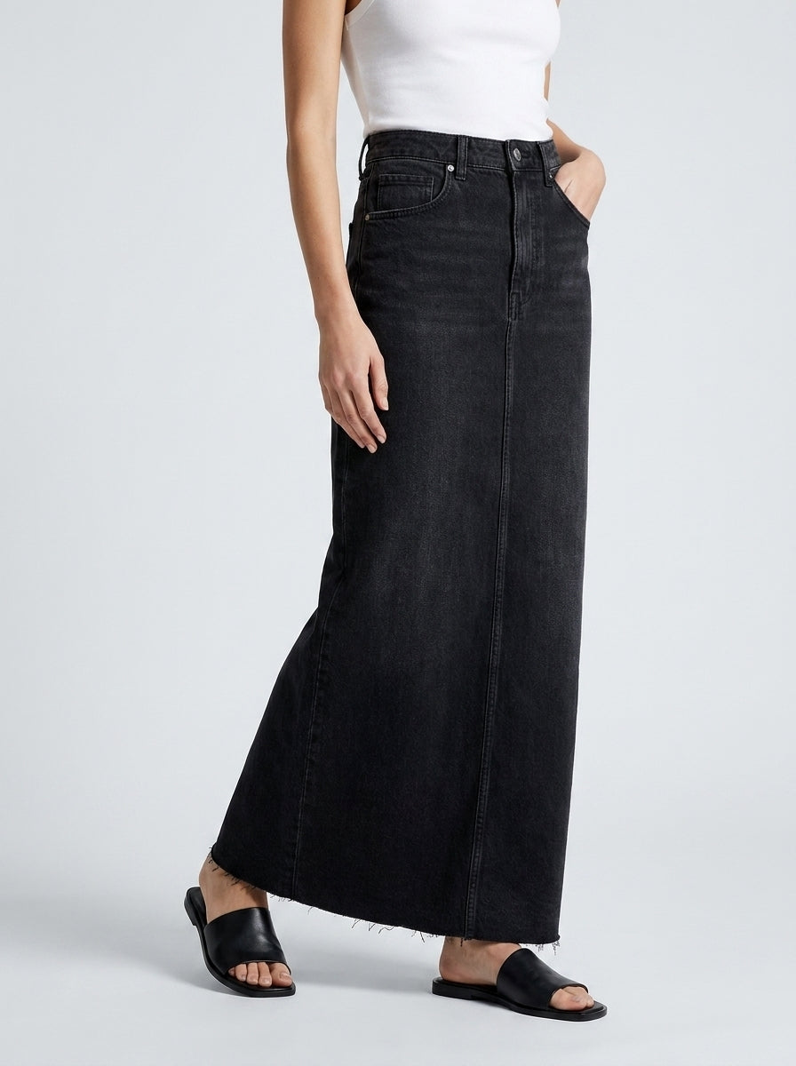 Jeans-Maxirock High Waist A-Linie fürs Büro – Schwarz