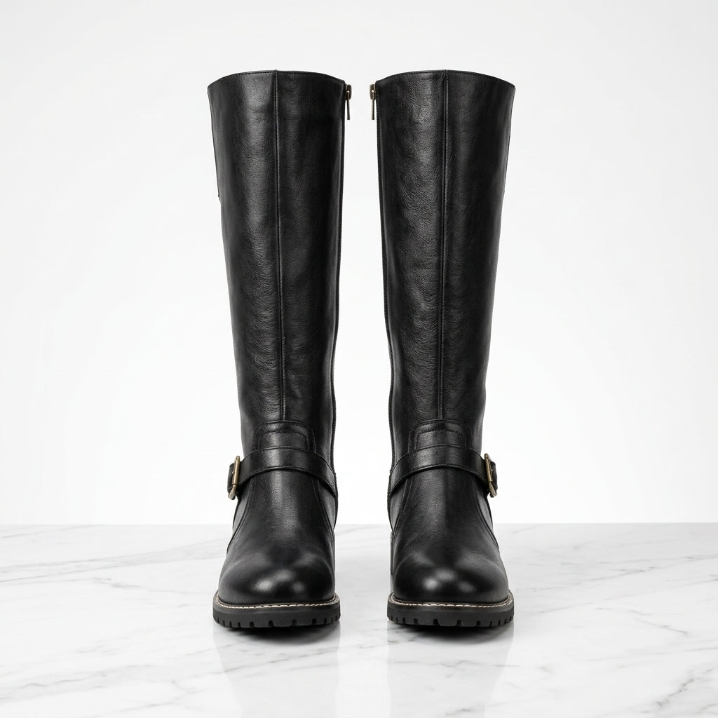 Kniehohe Stiefel mit Schnalle und Blockabsatz – Schwarz