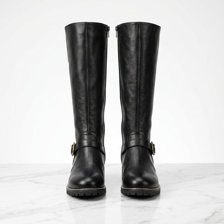 Kniehohe Stiefel mit Schnalle und Blockabsatz – Schwarz
