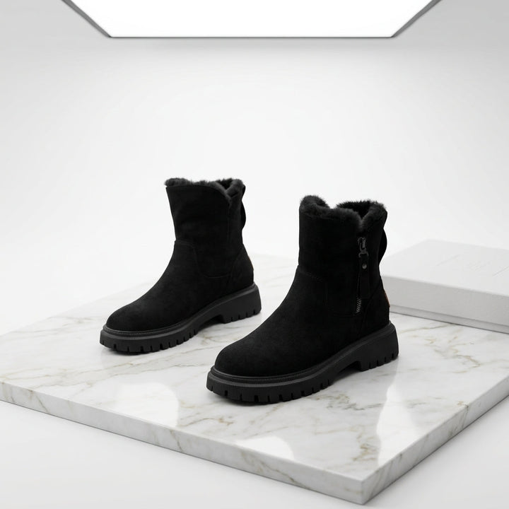 Boots in Veloursleder-Optik mit Fellimitat-Futter – Schwarz