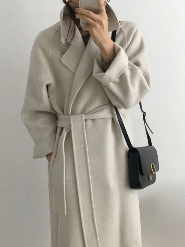 Gegürteter Mantel aus Wollmischung, Longline – Beige