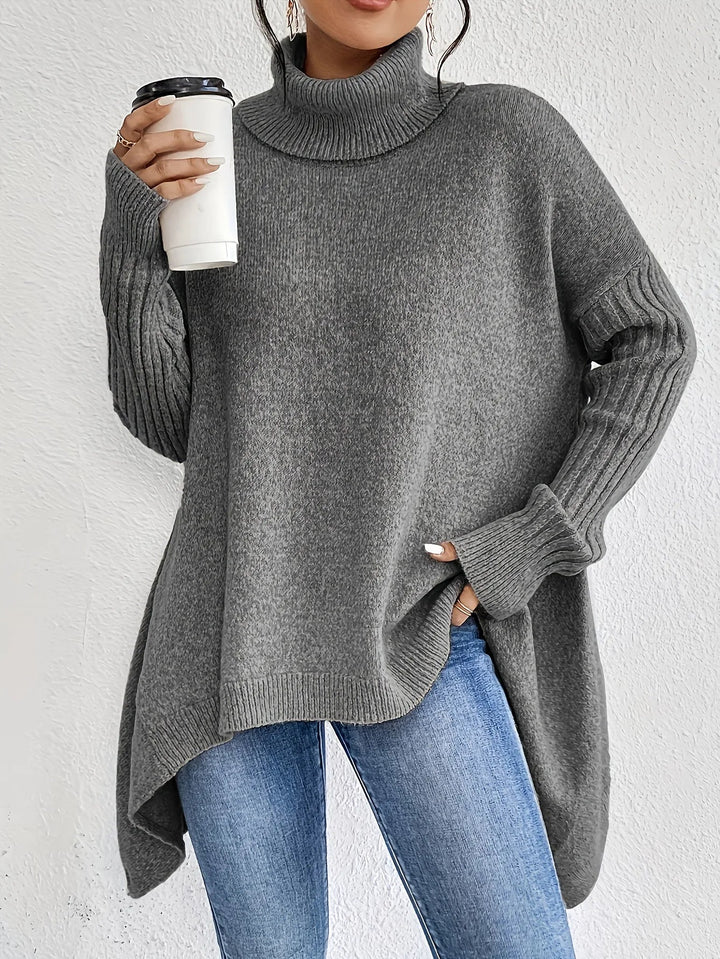 Oversized Rollkragen-Pullover Asymmetrischer Saum – Grau