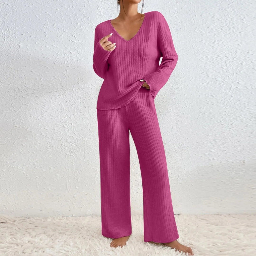 Rippstrick-Loungewear-Set mit V-Ausschnitt fürs Büro – Rosa