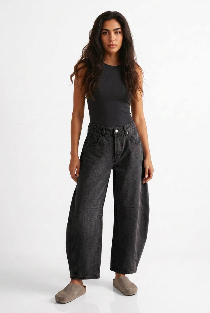 Barrel Leg Jeans High Waist Relaxed Fit – Schwarz