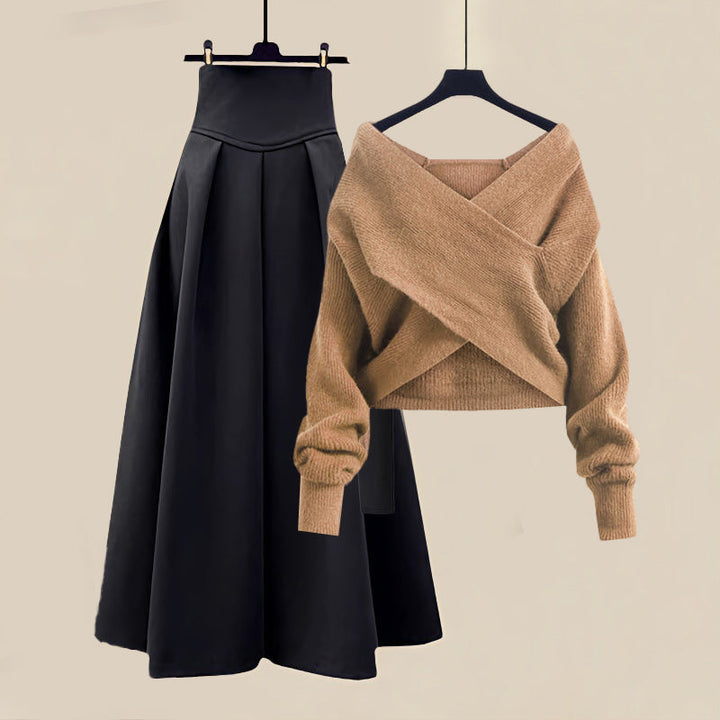 Off-Shoulder Pullover & Plisseerock Set fürs Büro – Braun