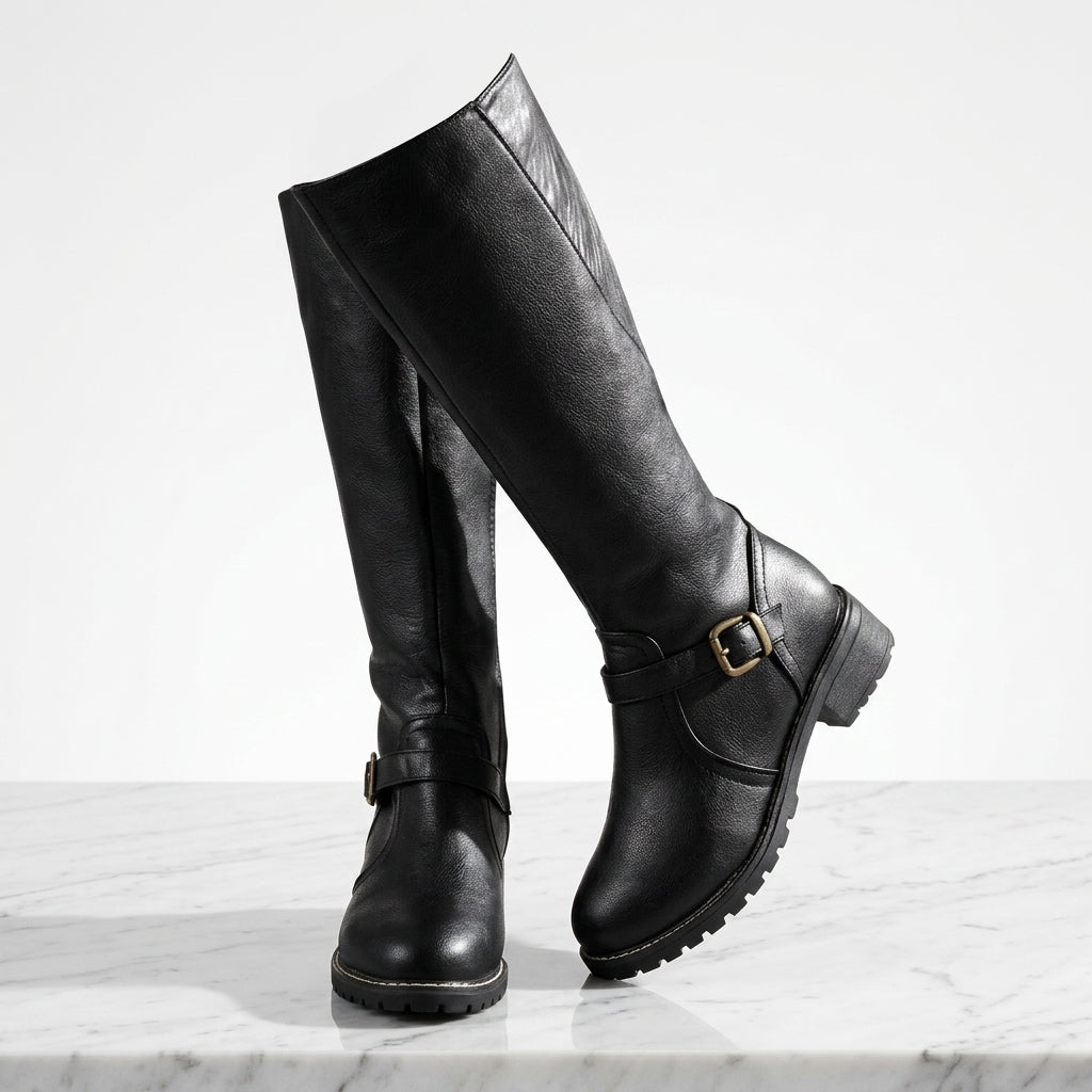 Kniehohe Stiefel mit Schnalle und Blockabsatz