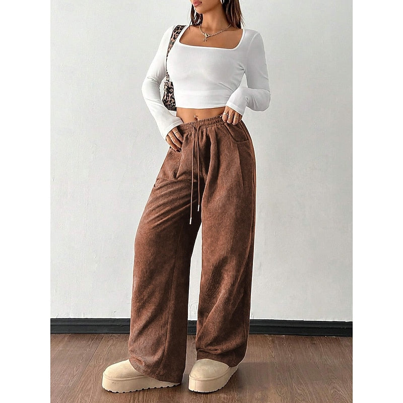 Cordhose Weites Bein mit Kordelzug – Braun