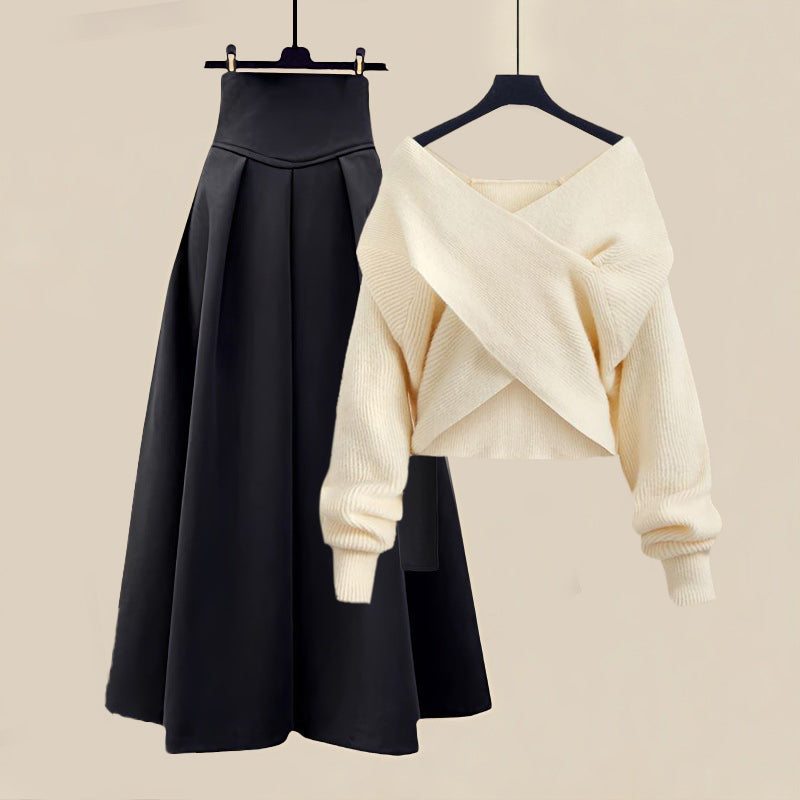 Off-Shoulder Pullover & Plisseerock Set fürs Büro – Weiss
