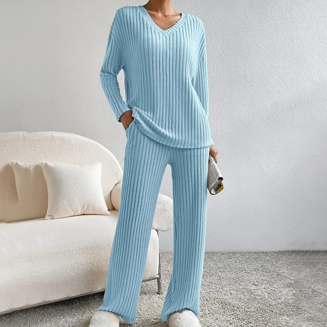 Rippstrick-Loungewear-Set mit V-Ausschnitt fürs Büro – Blau