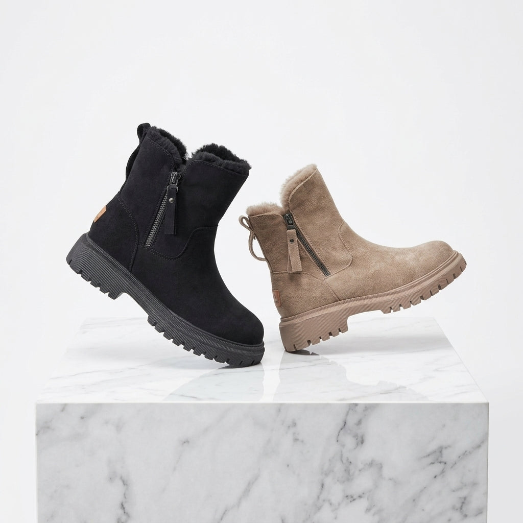 Boots in Veloursleder-Optik mit Fellimitat-Futter
