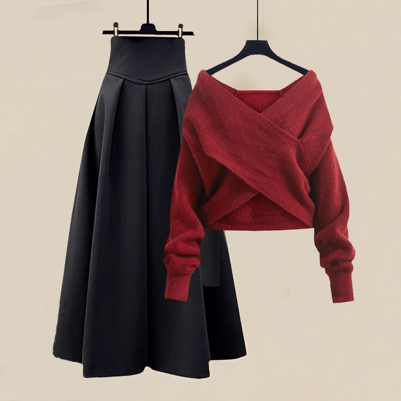 Off-Shoulder Pullover & Plisseerock Set fürs Büro – Rot