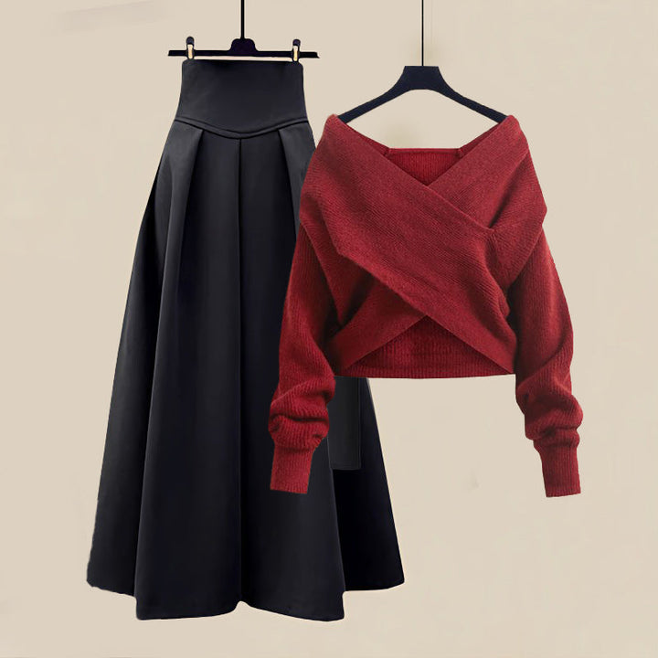 Off-Shoulder Pullover & Plisseerock Set fürs Büro – Rot